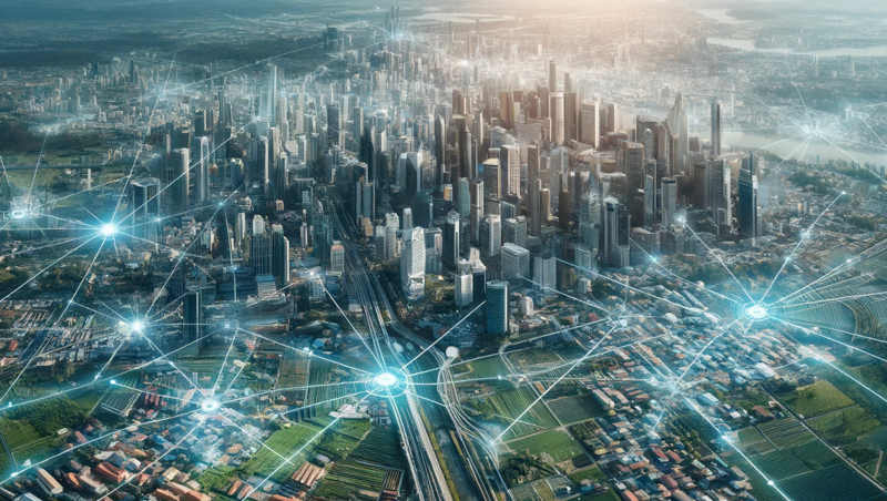 Eine Stadt mit leuchtenden Knotenpunkten und Linien, die drahtlose Netzwerkkonnektivität anzeigen