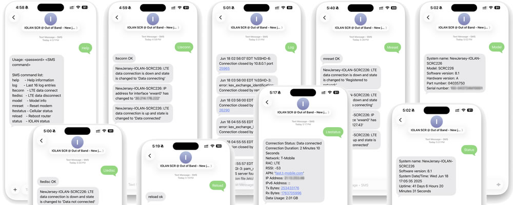 Mehrere Screenshots von an IOLAN gesendeten SMS-Nachrichten