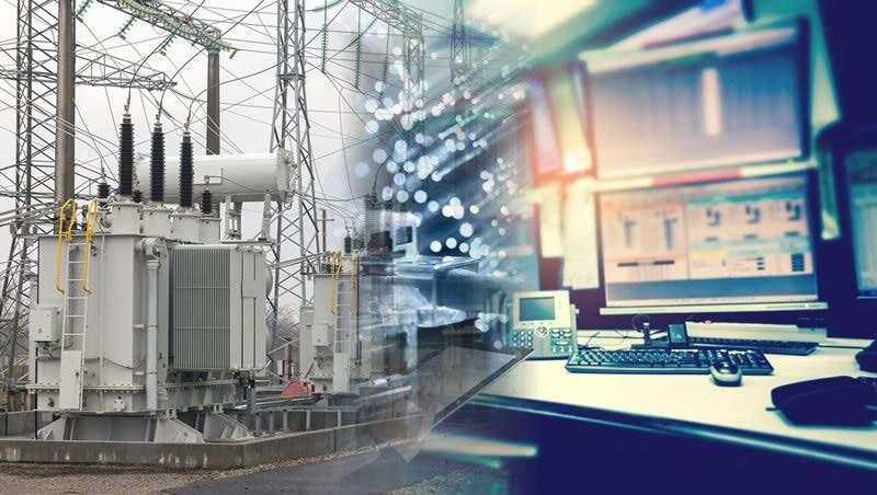 Geteilte Bildschirmdarstellung, die links ein Umspannwerk und rechts einen Smart Grid-Kontrollraum zeigt.