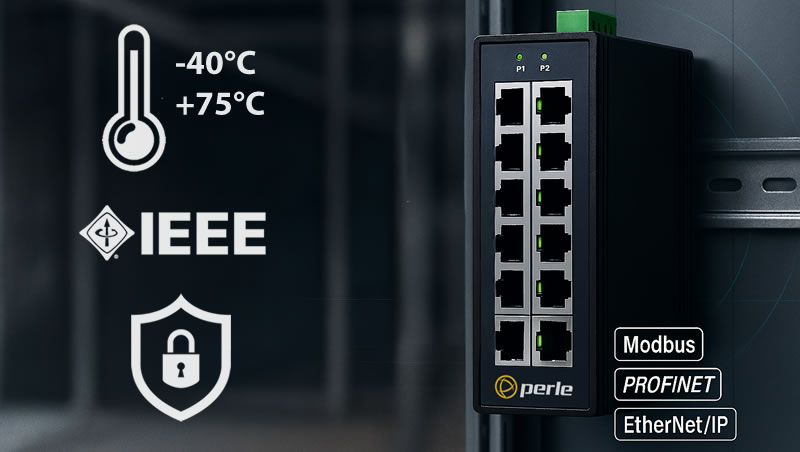 Industrie-Ethernet-Switch auf einer DIN-Schiene in einem Steuerungskasten