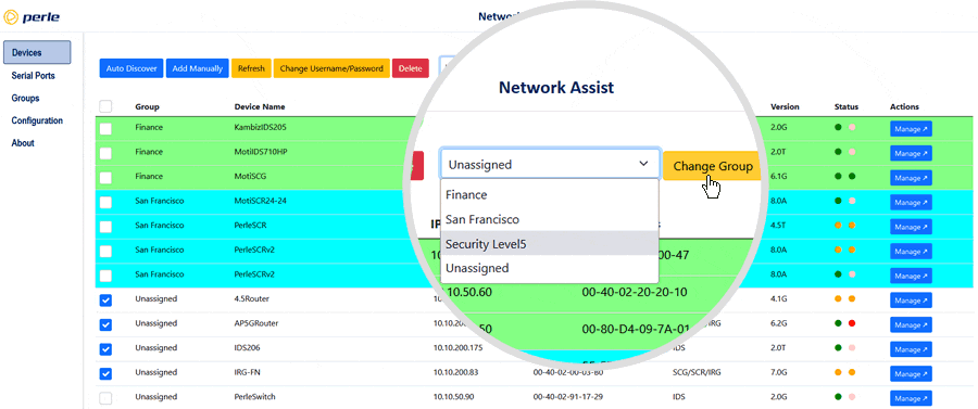 Network-Assist-Screenshot, auf dem die Gerätegruppierung hervorgehoben ist