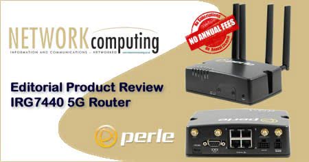 Vorderseite (mit Antenne) und Rückseite (ohne) des Routers. NETWORKcomputing. Produktbewertung: IRG7440 5G Router.