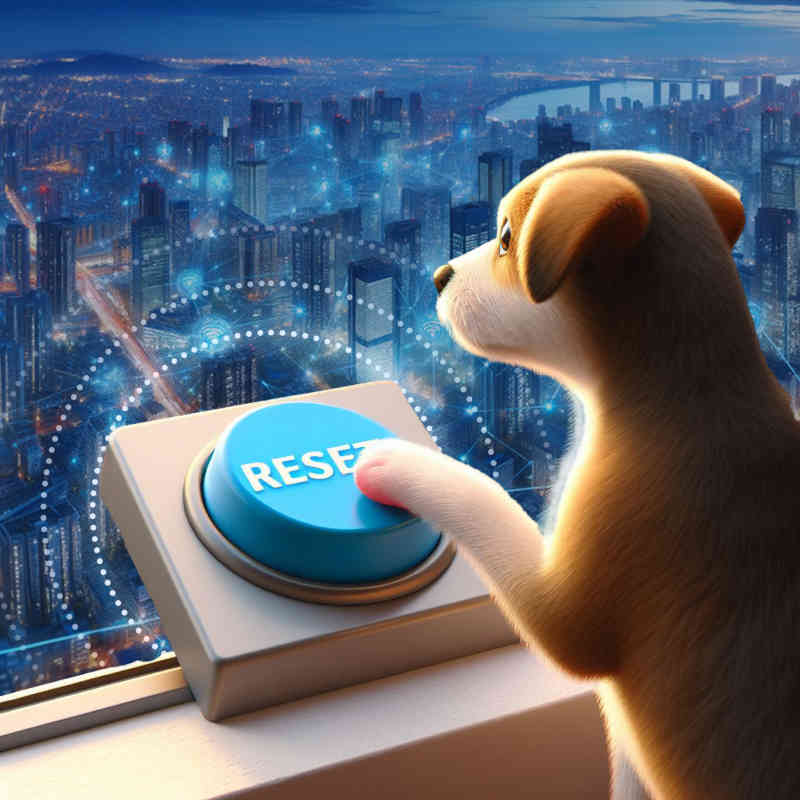 Brown and white puppy gazes over blue-hued cityscape while pressing paw on large blue reset button resting on windowsill.